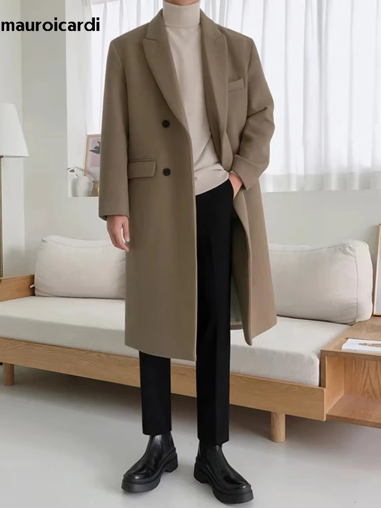 Mauroicardi Autumn Winter Long Warm Camel Black Woolen Coat Men Double Breasted Korean Style Wool Blends Overcoat with Back Slit 261016