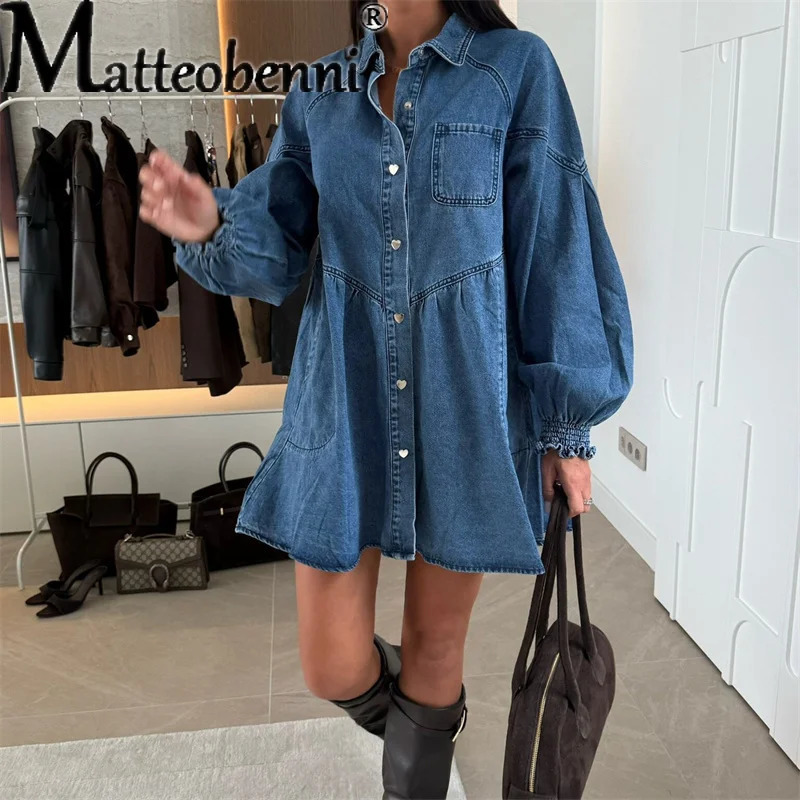 Women Vintage Loose Waist Denim Dresses Fashion Long Sleeved Shirt Dress Female Casual Single Breasted Vestidos Streetwear 2025 261015