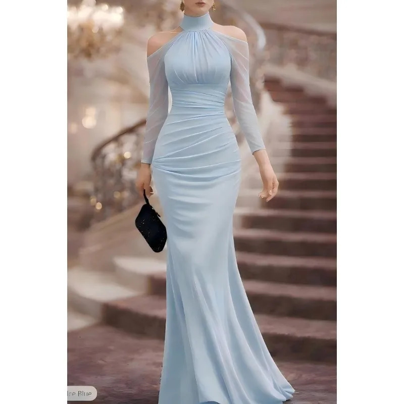Women Halter Cold Shoulder Mesh Long Sleeve Ruched Mermaid Maxi Evening Party Gown 261015
