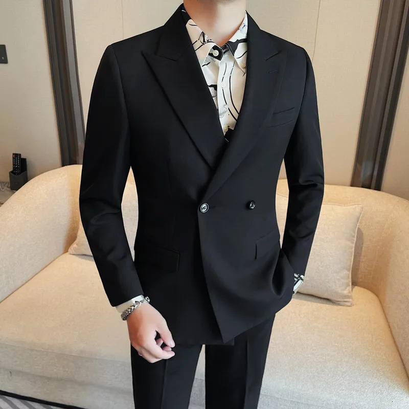 Double Breasted Blazer Jackets For Men High Quality Autumn Winter Plain Color Suit Coats Slim Fit Business Casual FormalWear 261015