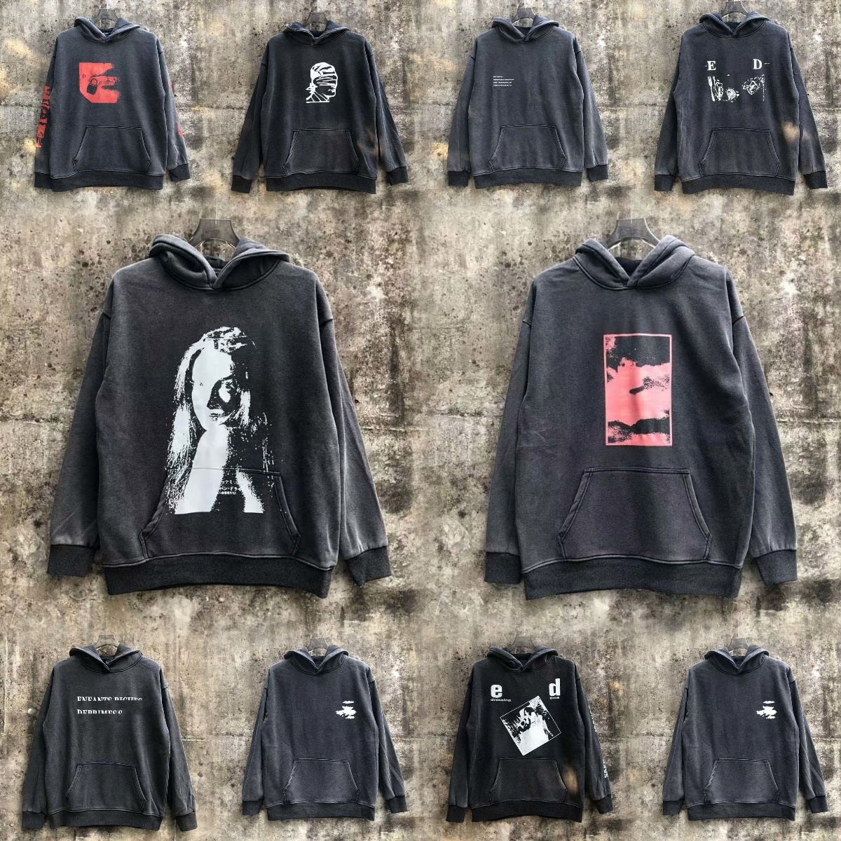 Erdrs Men Women Vintage Washed Graphic Print Hoodie Oversized Drop Shoulder Hooded Sweatshirt Streetwear Casual Loose Zip Up Jacket