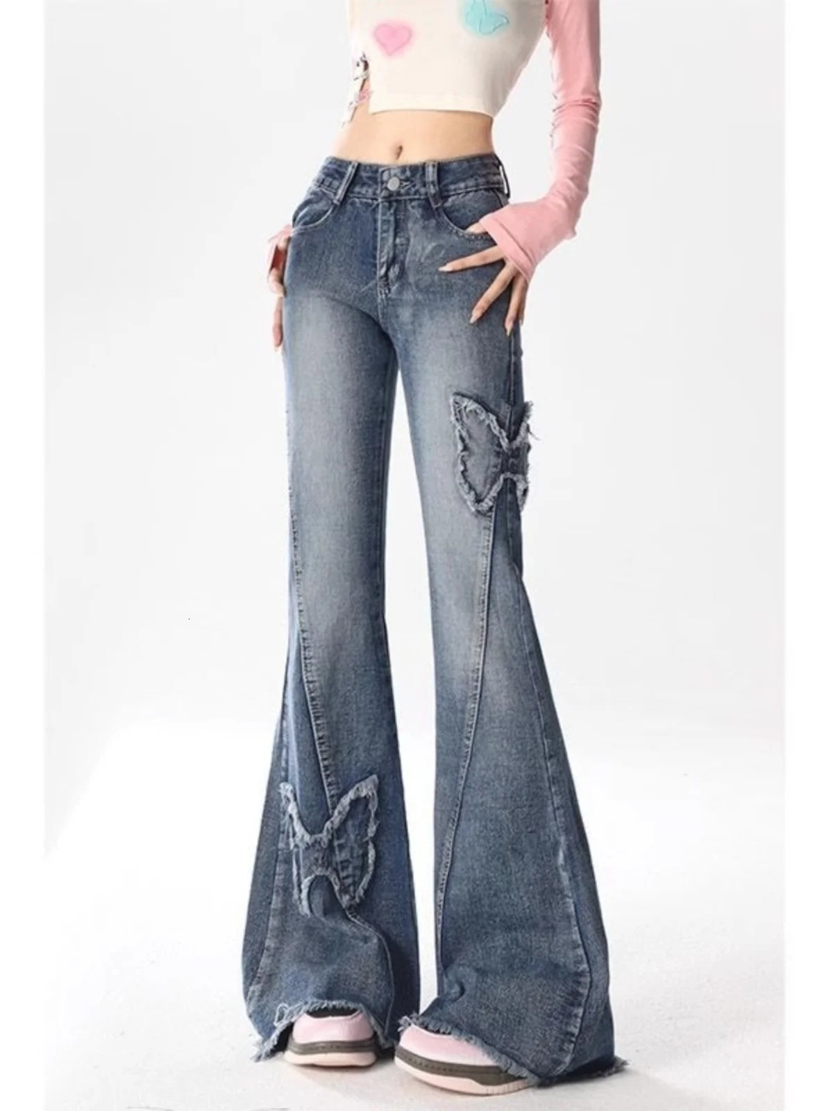 Summer Vintage Splicing Micro Flared Denim Jeans Women plus Size High Waist Loose Slimming Frayed Pants 261015