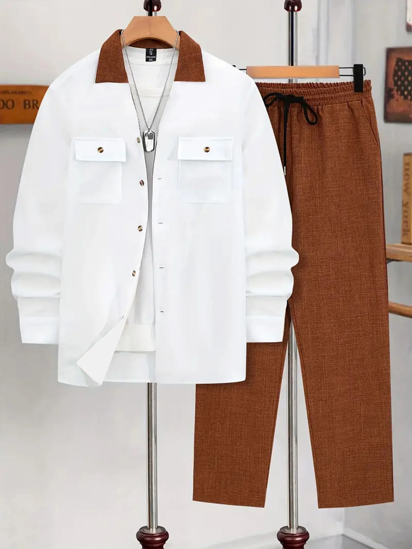 Mens Plus Size Loose Casual Set Spring Fall Textured Lapel Shirt Oversized Straight Leg Pants 2 Piece 261017