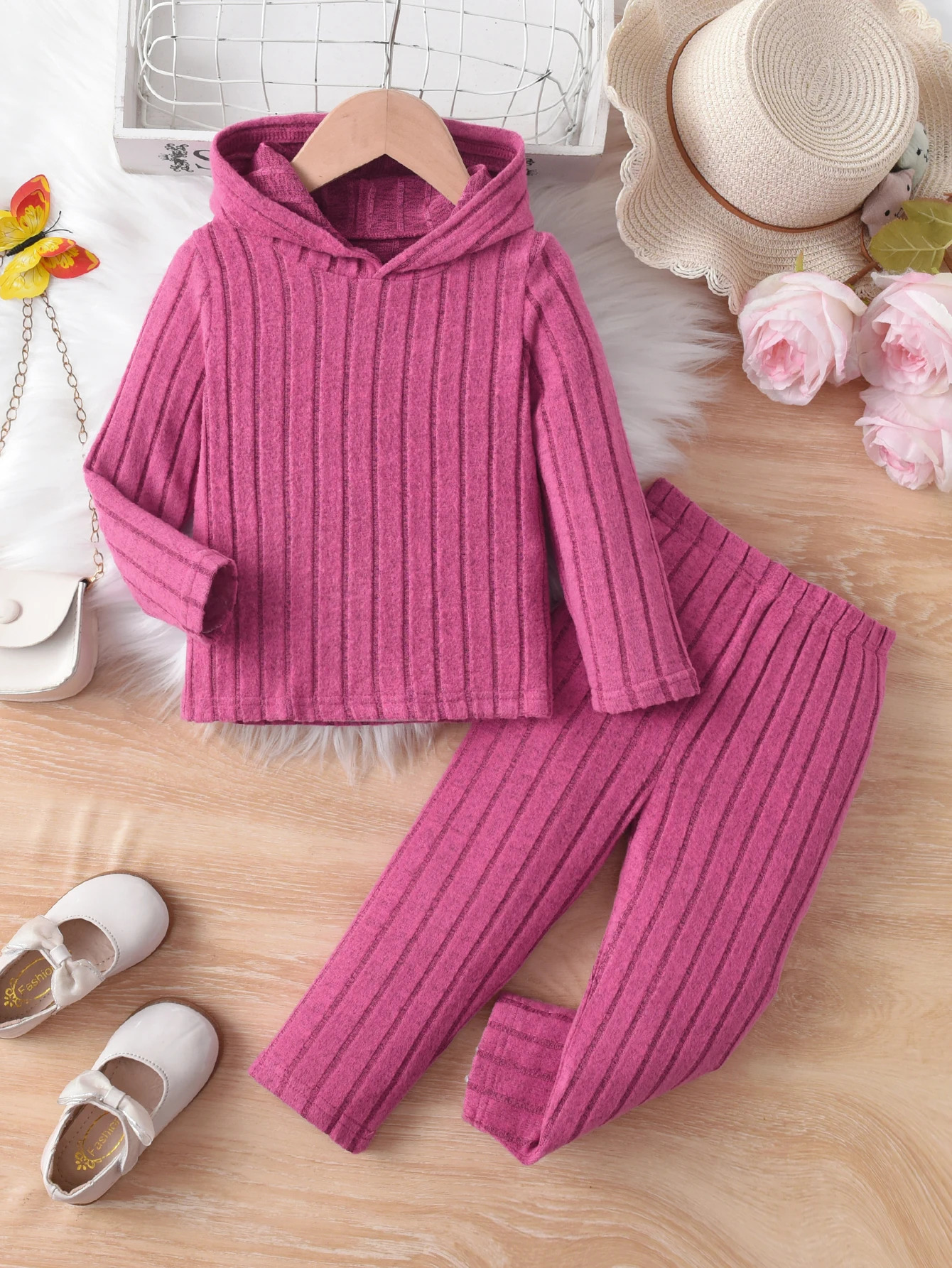 Girls' Casual Ribbed Set Of 2 Pieces Children'S Long-Sleeved Hoodie And Trousers Spring And Autumn Outdoor Or Home 261015
