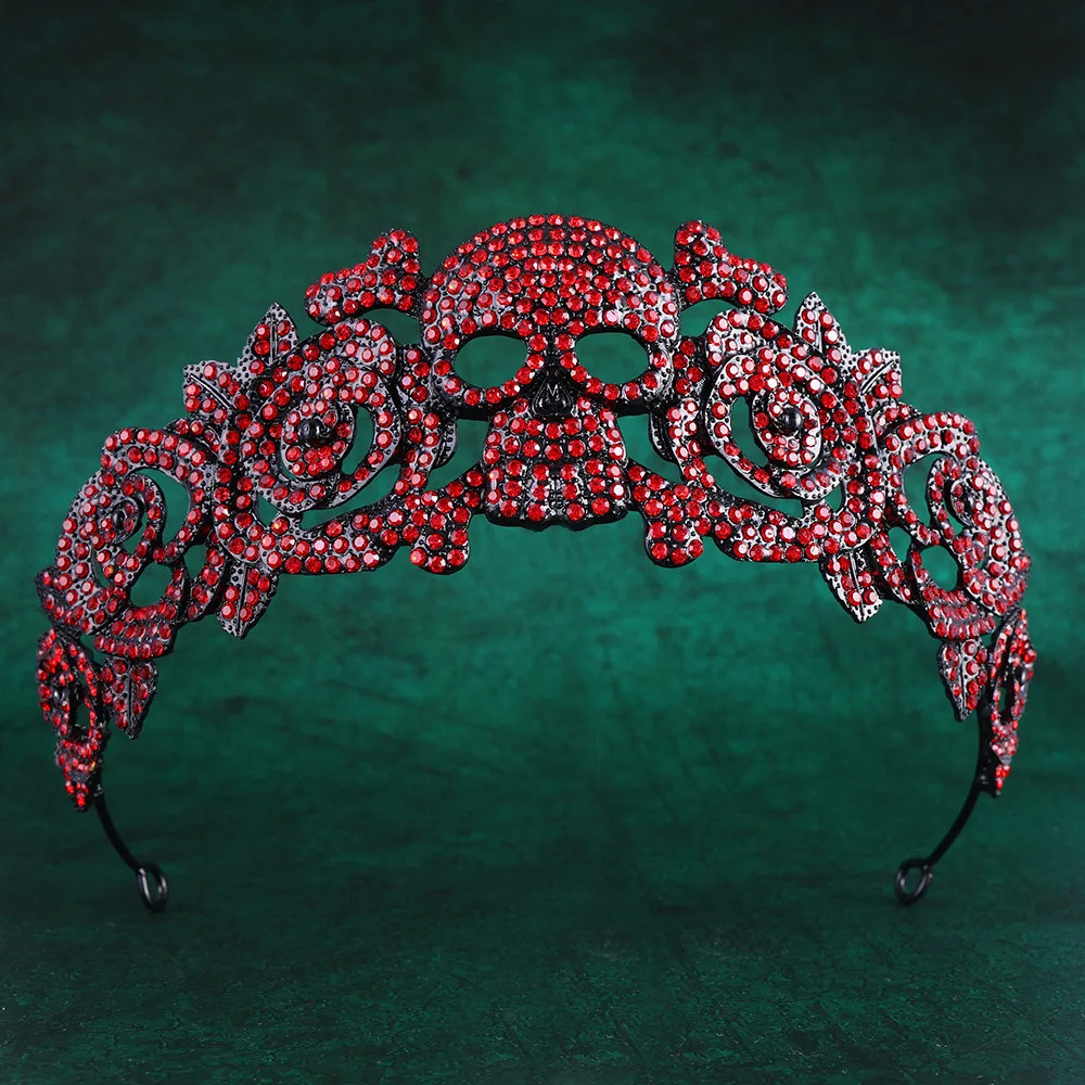 Vintage Gothic Black Queen Red Crystal Skull Crowns Festival Tiaras Skeleton Diadem Halloween Carnival Party Hair Dress Jewelry 261017