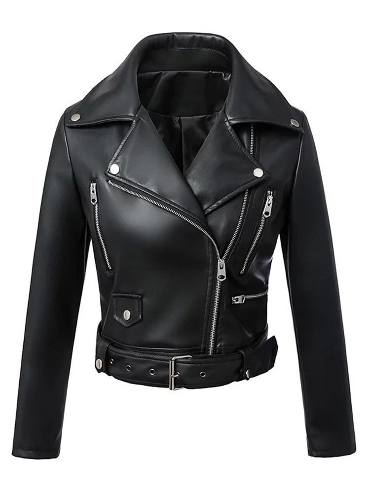 Ailegogo Spring Autumn Women Moto Biker Black Pu Fuax Leather Jacket Streetwear Female Belt Zipper Slim Fit Short Coat Outwear 261016