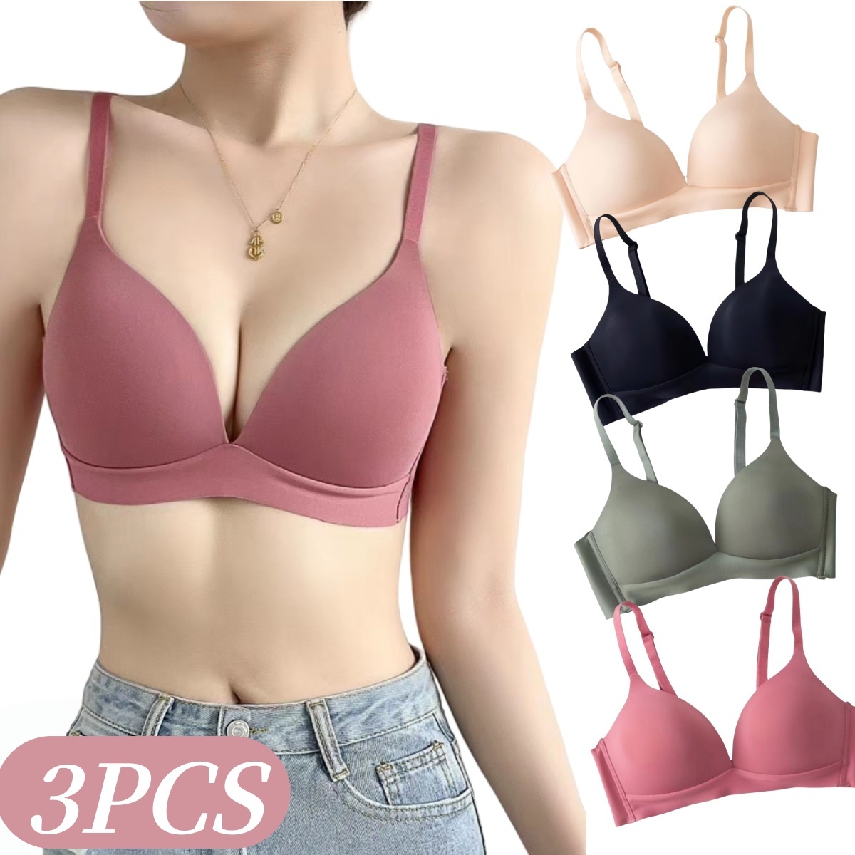 3Pcs/Set Seamless Bras For Women Non-wire Push-Up Bra Glossy Deep V Underwear Fixed 3/4 Cup Comfort Daily Wear Lingerie S-XXL dongdumaoyi
