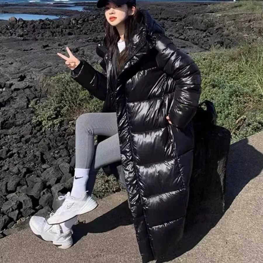 Women's Down Parkas 2025 New Women Shiny Cotton Jacket Women'S Long Cotton Coat Korean Loose Large Size Parkas Coat Fashion Hooded Thicken