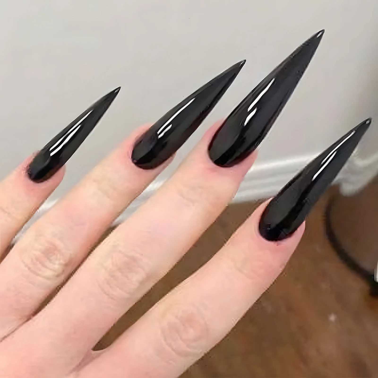 False Nails 24pcs Long Pointed Fake Nail Patches Glossy Dark Black Cool Wearable Press ON Nails Solid Color Full Cover Artificial False Nail Q261017