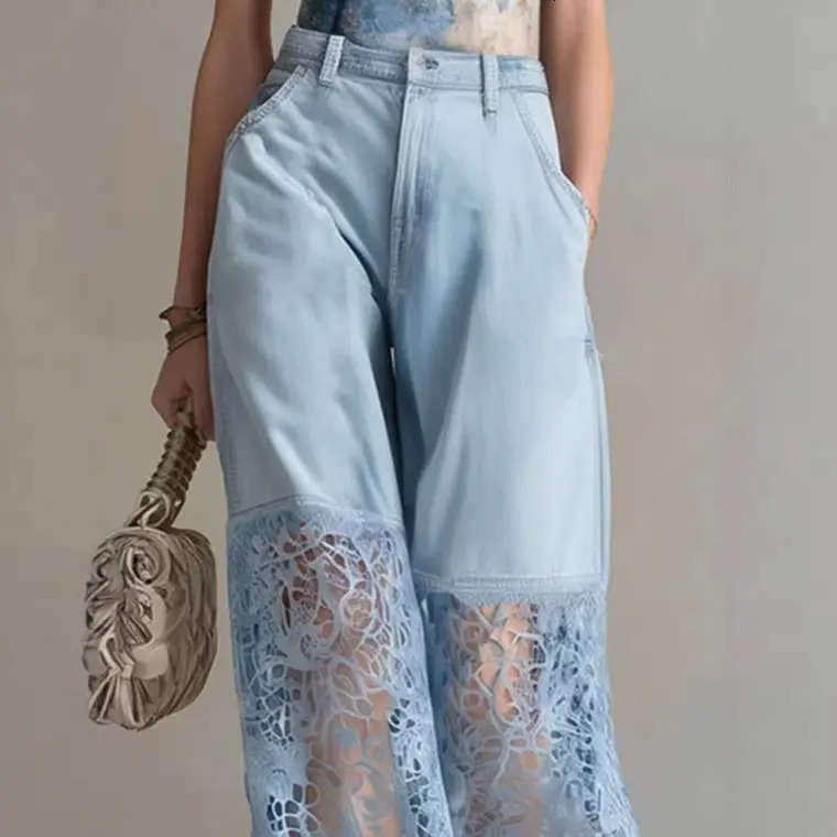 Womens Fashion Lace Patchwork Hollow Out Denim Jeans Elegant Light Blue High Waist Mesh Sheer StraightLeg Pants Retro Trousers 260911