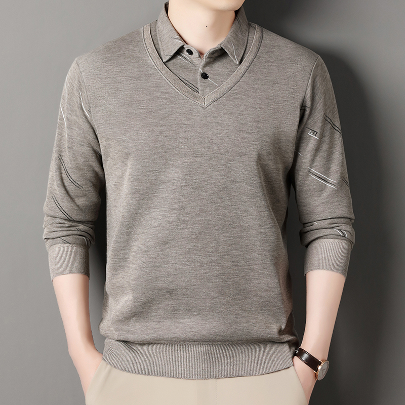 Men's Fleece Lining Sweater Autumn Winter Pullover Polo Shirt Collar Fake Two Piece Thick Warm Top Clothes Casual Knitwear 26Y1017
