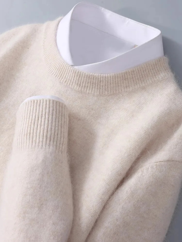 mink cashmere sweater mens crewneck loose solid color undercoat youth business knit 261017