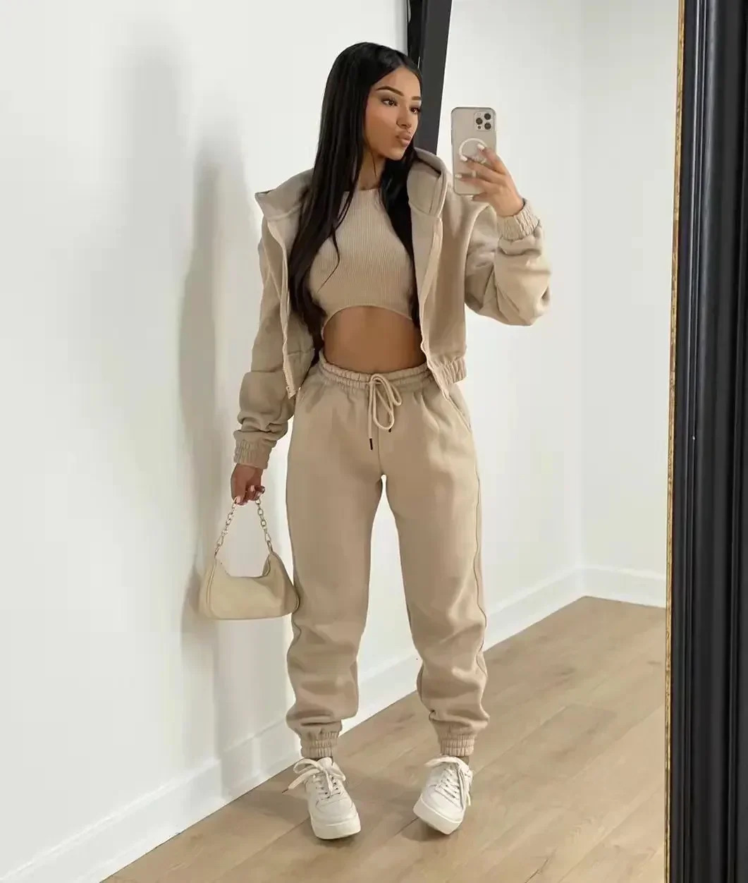 3pcs Women's Clothing Set Fleece-lined Hooded Sweater Sleeveless Tank Top Sports Sweatpants Pants 261016
