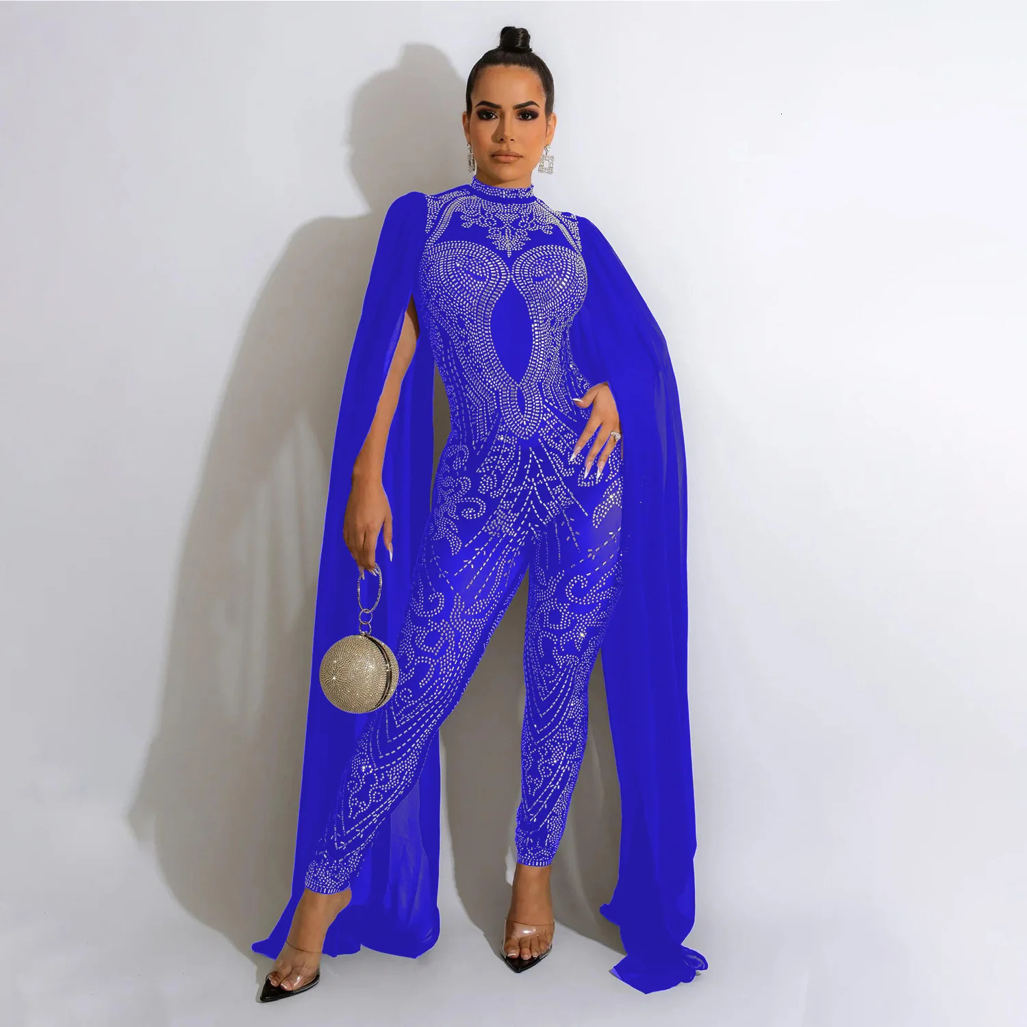 Shawl Sleeve Mesh Crystal Jumpsuit Women's y Transparent Sequins Party Birthday Set Prom Dresses 261015