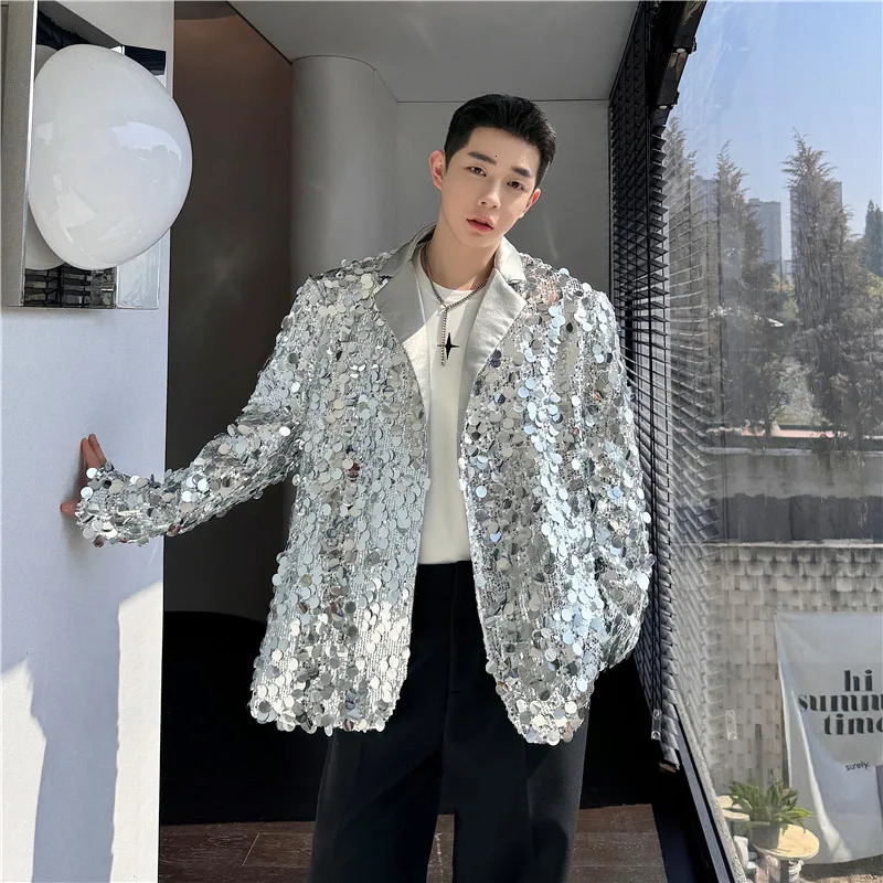 Korean Men's Sequins Blazer Glitters Bling Suit Jackets Singer Stage Shiny Clothing Black Silver Oversize Party Suit Coat Man 261015