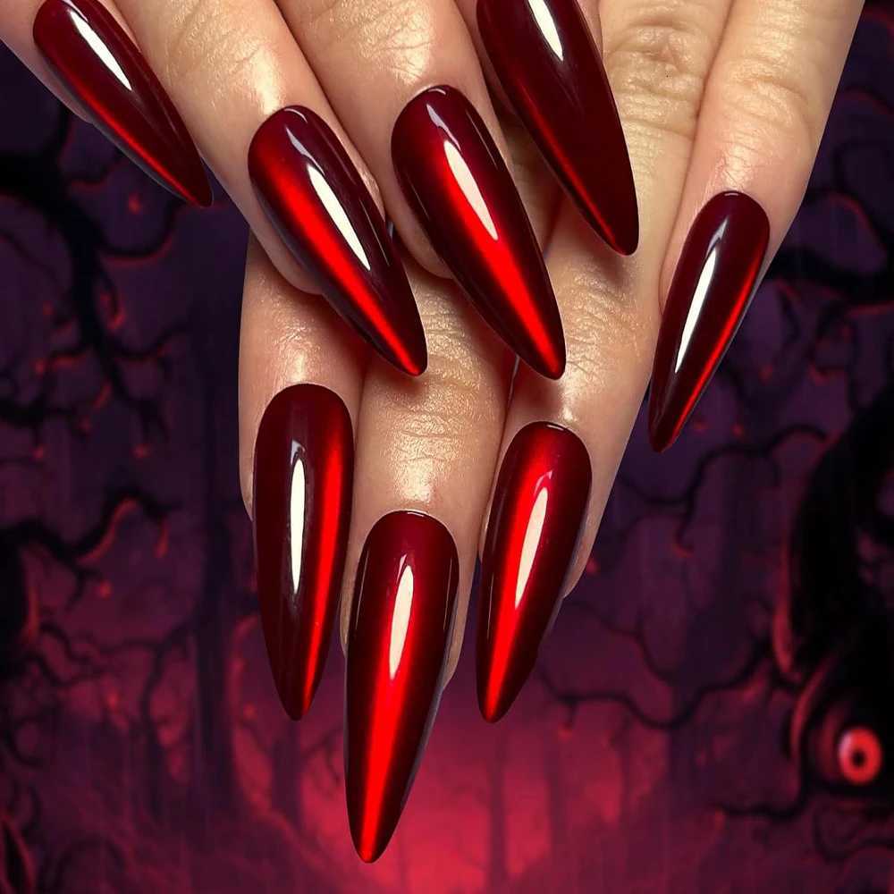 False Nails 30/24Pcs Blood-Red Crystal Cat Eye Press on Nails Long Almond Solid Color Full Cover Fake Nail Y2K Halloween Wearable Nails Tips Q261017