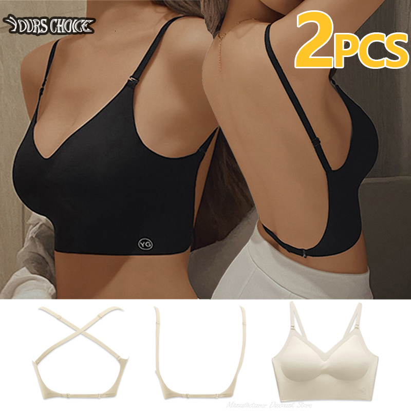 Women's Summer Backless Seamless Deep U-shaped Plunge Underwear Triangle Cup Gathering Push Up Bra Sexy Lingerie Tops dongdumaoyi