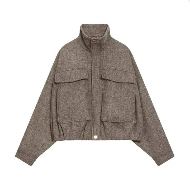 Women Short Jacket Hipseam Women Herringbone Balloon Jakcet Autumn Simple High Neck Zipper Pocket Pleated casual Hem Lady Coats Chic Female Tops Lad