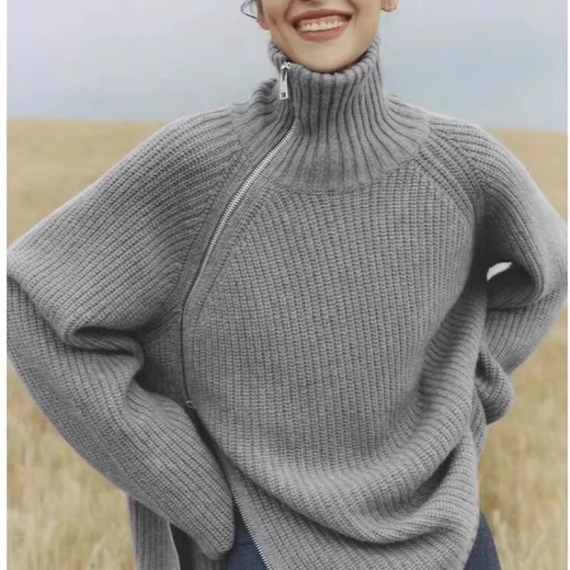 Autumn/Winter New Women's High-Neck 100%Cashmere With Side Zipper Loose Wool Knit Thick Sweater Mdng26930