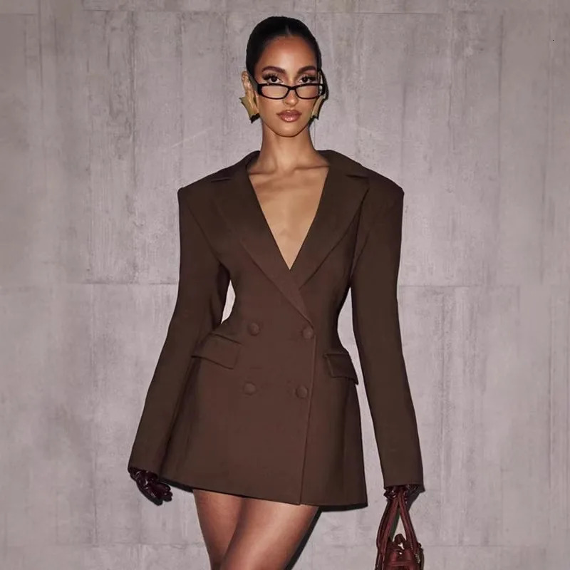 Blazer Dress Women Sexy Deep V Neck Double Breasted Suit Jacket Mini Slim Fit Elegant Office Lady Party Outfits Coat 261017