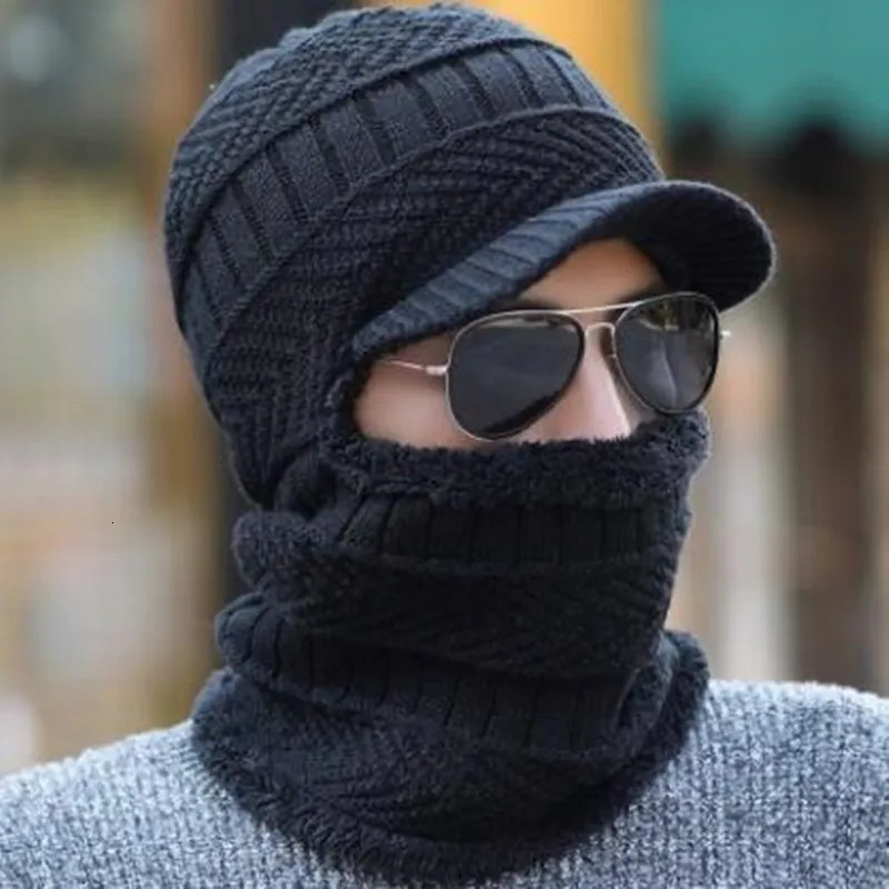 Knitted Visor Winter Hat Thicken Warm Earmuffs Skullies Beanies for Men Women Wool Scarf Caps Cycling Ski Mask Balaclava Bonnet 261017