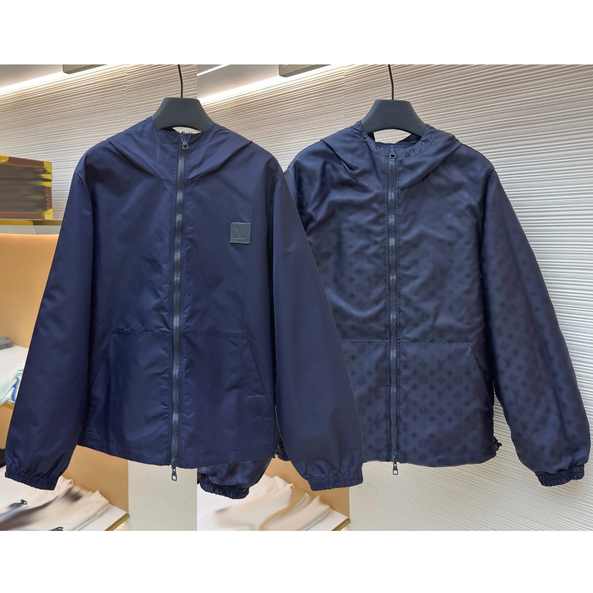 Luxury Designer Unisex Hooded Reversible Jacket, Monogram Allover Jacquard Nylon Loose Fit Zip Up Casual Outerwear Coat