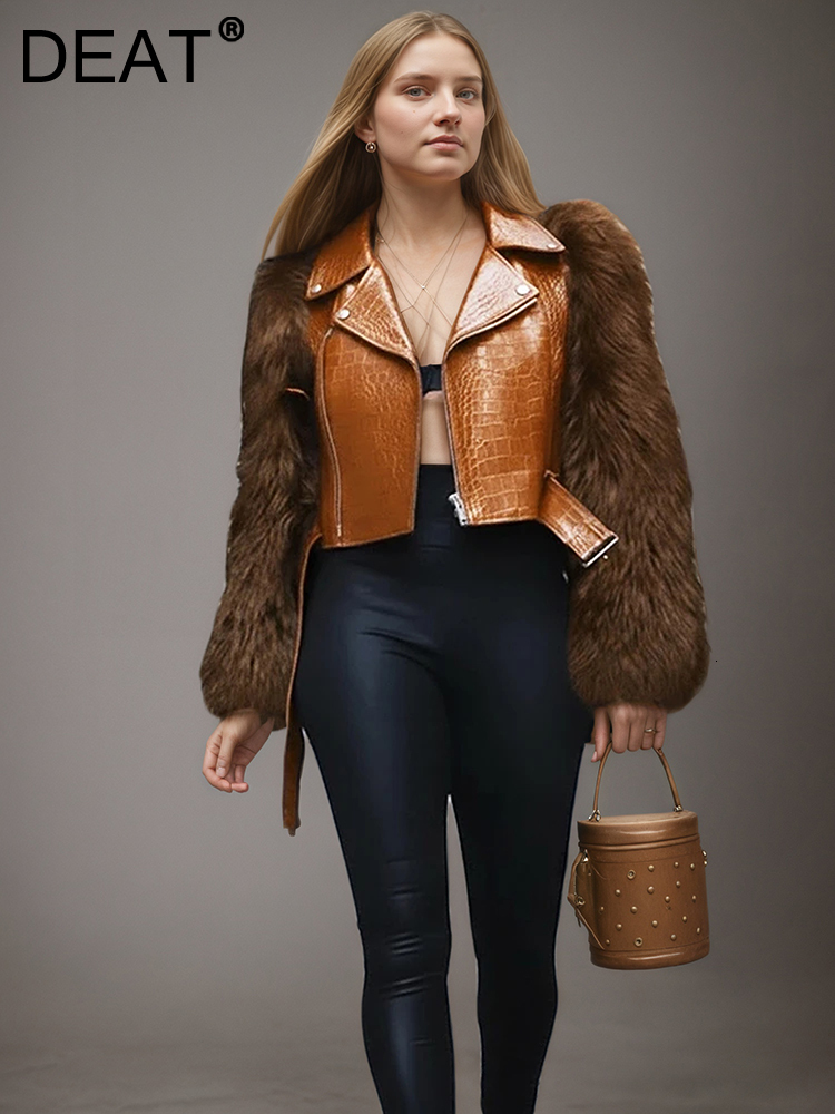 DEAT Fashion Faux Fur Patchwork PU Leather Motorcycle Women's Lapel Zipper Sahses Short Jacket Autumn Winter New