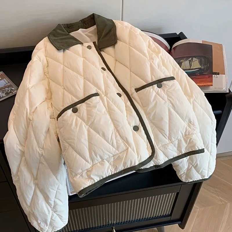 Women's Down Parkas Vintage Daily Women's Contrasting Lapel Stitched Quilted Cotton Jacket Loose Warm Padded Autumn Winter CoatT261017