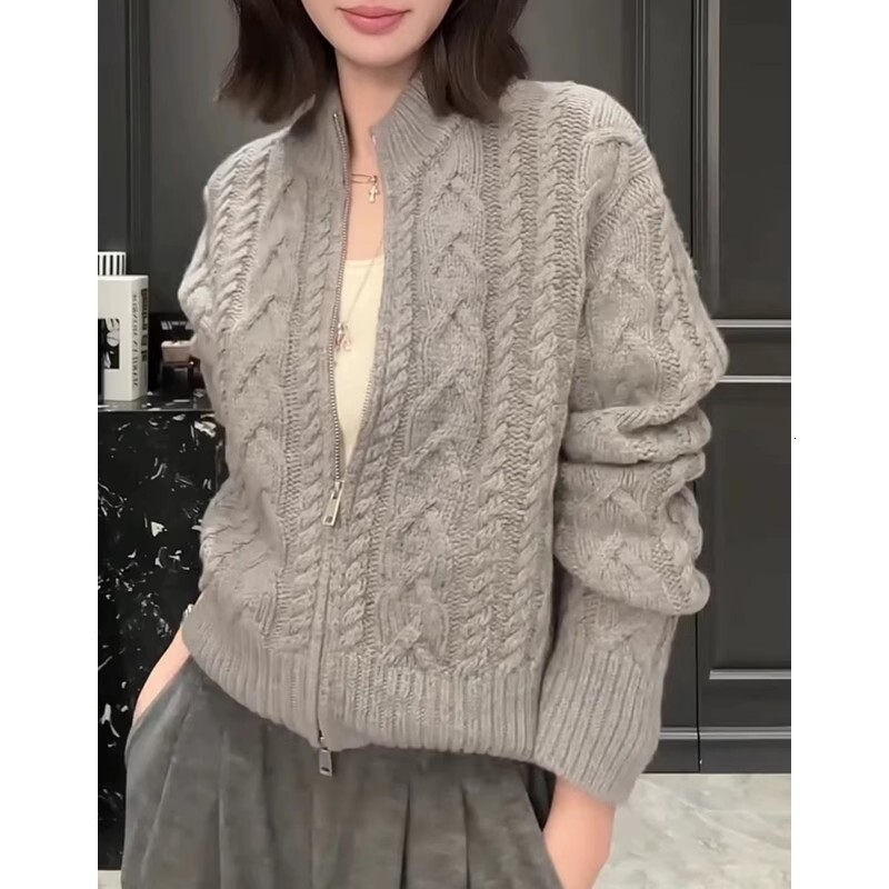 High-End And Elegant Stand-Up Collar With Zipper 100 Pure Cashmere Cardigan For Women Loose Knitted Sweater Wool Coat Mdng260930