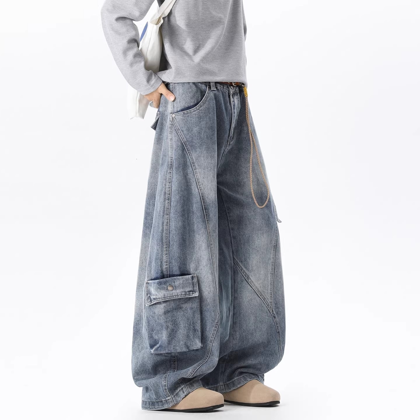 Men Deconstructed Multi Pocket Curved Workwear Jeans Washed Denim Pants Spring Autumn Casual Street Style Daily Wear Versatile Long Trousers For Guy
