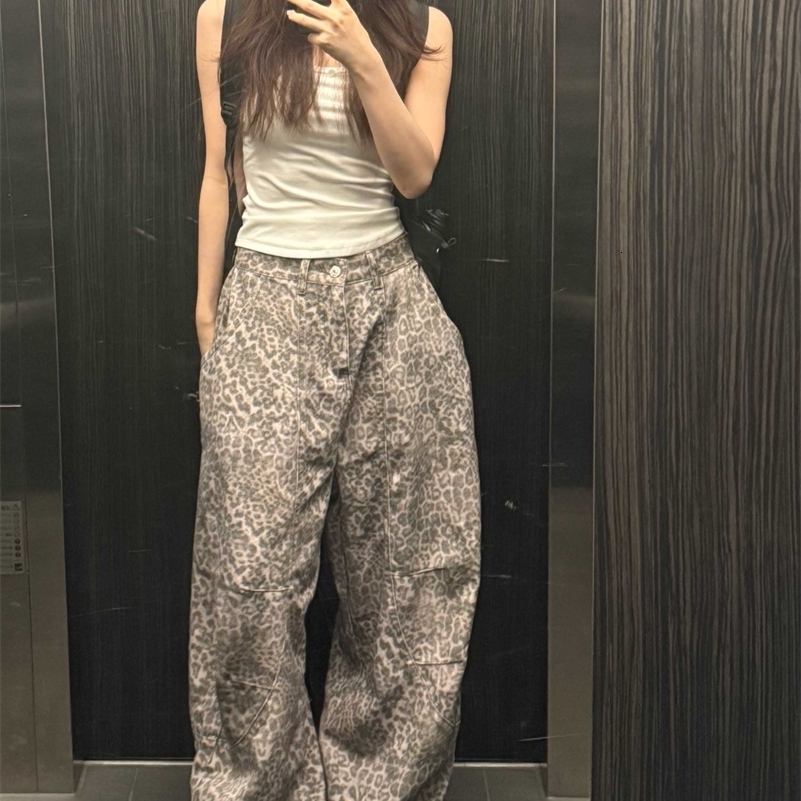 Y2K Wide Leg Denim Pant American Women Retro Leopard Print Jeans Streetwear Hip-hop Slim Four Seasons 261016
