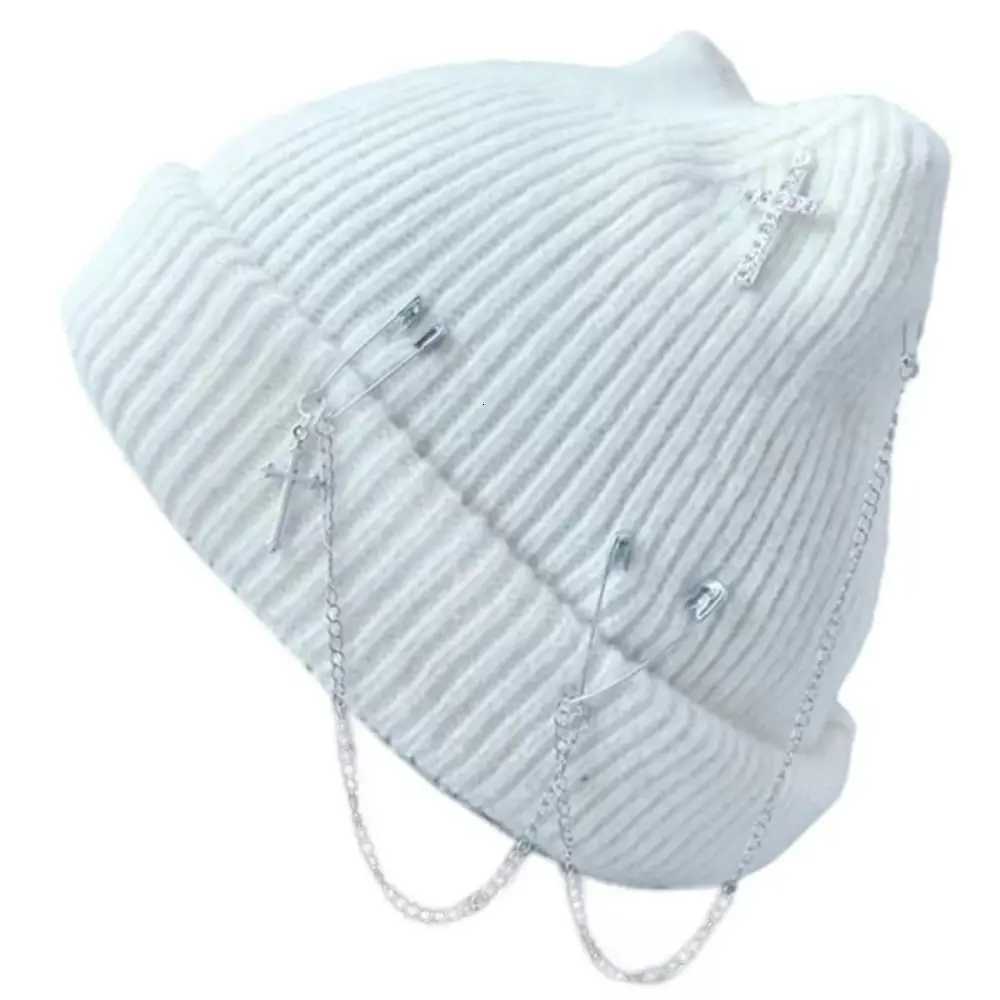 Beanie/Skull Caps Gothic Knitted Beanie Hat Subculture Headwear Handmade Y2K Cat Ear Hat Pin Decoration Crochet Skull Hat Streetwear Q261017