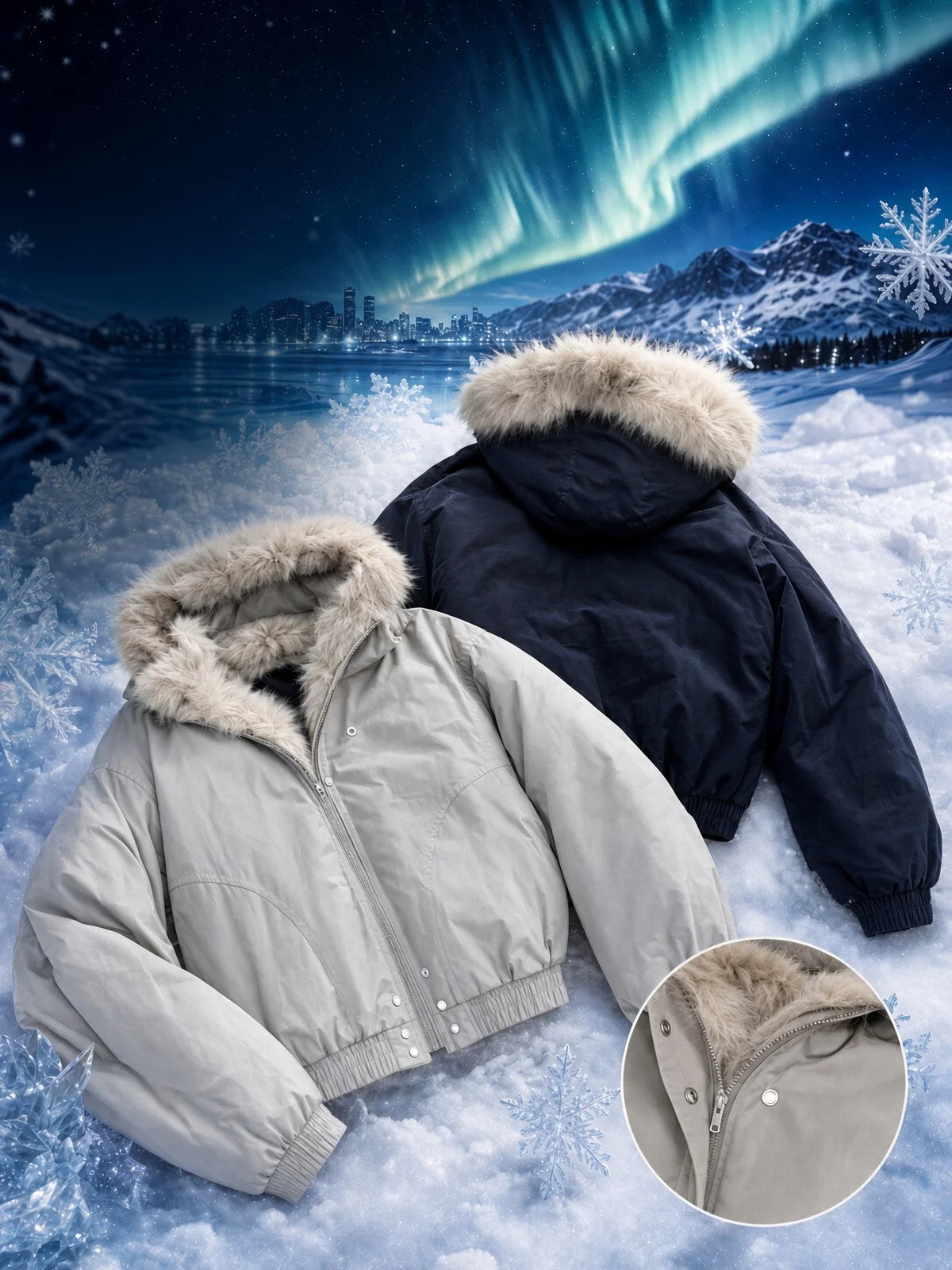 Streetwear Casual Beige Navy Puffer Jacket Men Women Heavy Faux Fur Hood Trim Detail Winter Fashion Coat Top Loose Fit Soft Y2K 261016