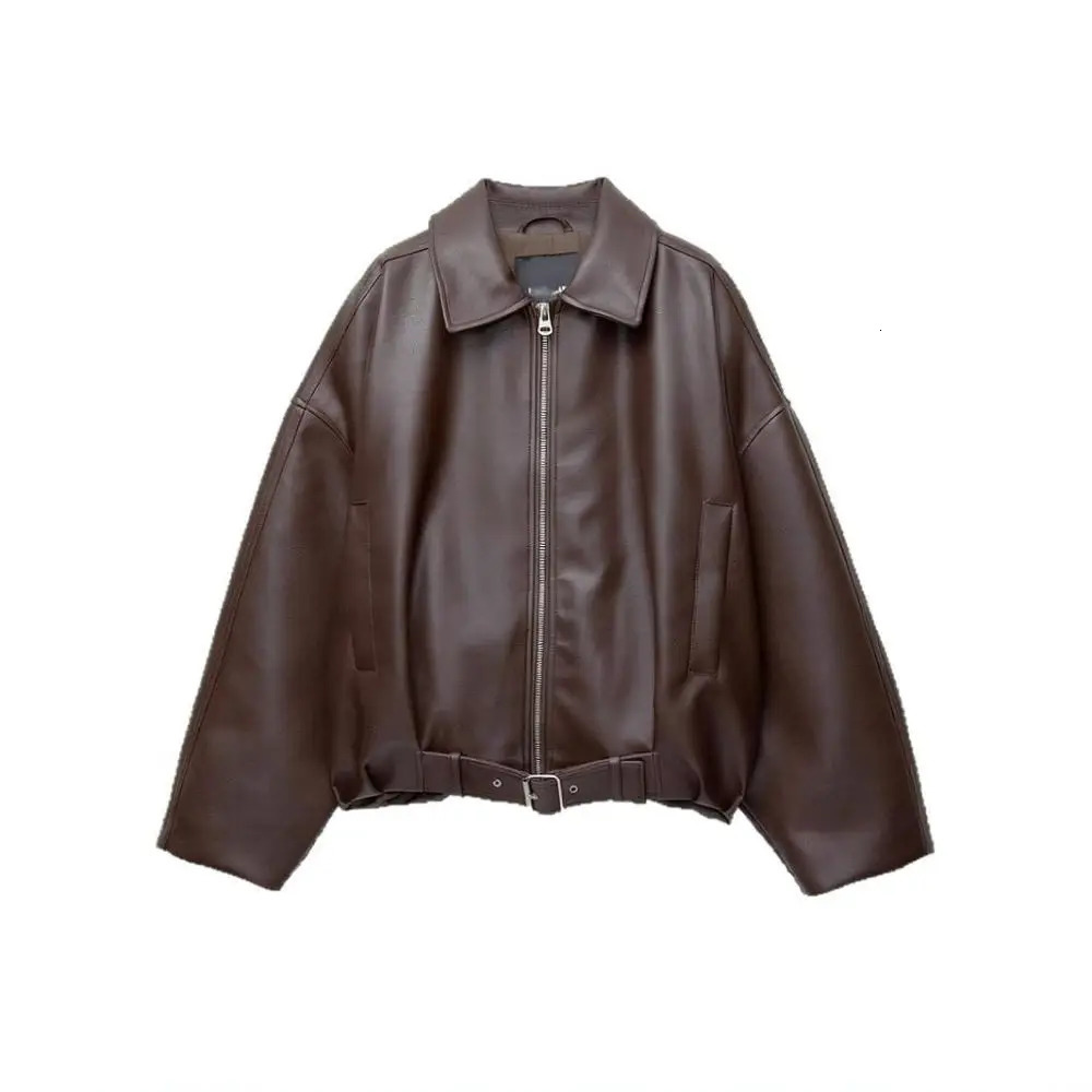 Women Casual Faux Leather Jacket Spring Retro Pilot Style Long Loose Fit Coat Daily Wear Black Brown Outwear 261016