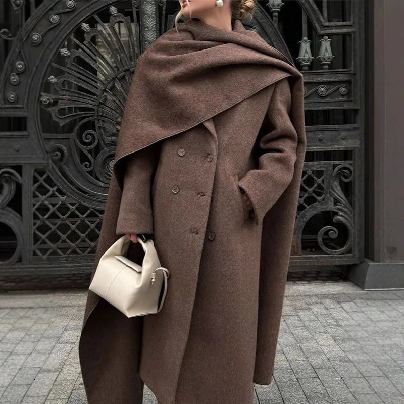 Autumn Winter Big Scarf Collar Women's Overcoats Casual Solid Double Breasted Pockets Coats Elegant Lady Commute Outerwears 261016