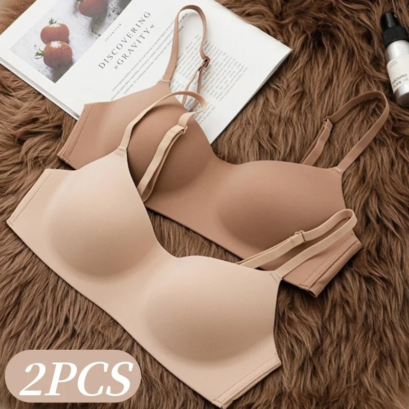 2PcsSet Nonwire Bras Womens Seamless UNeck Fixed Cup Bra Small Breast Sexy Lingerie Everyday Comfort Bralette Intimates 261016