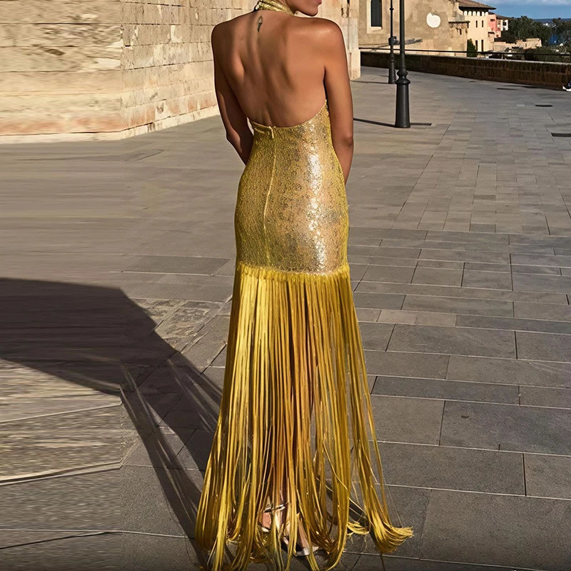 Trendy Elegant Evening Party Formal Gown Women Halter Sequin Lace Maxi Dress Casual Sleeveless Fringe Hem Bodycon Long Dress 261015