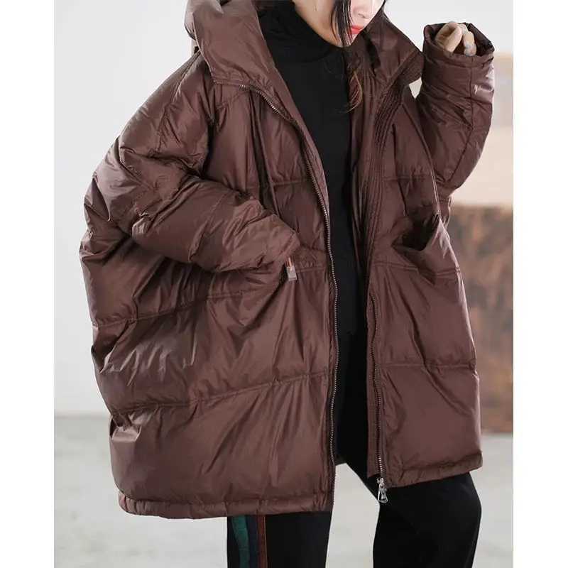 Women's Down Parkas Down Jacket Women's New Style White Duck Down Drawstring Hooded Korean Version Loose Simple And Versatile Coat TrendT2