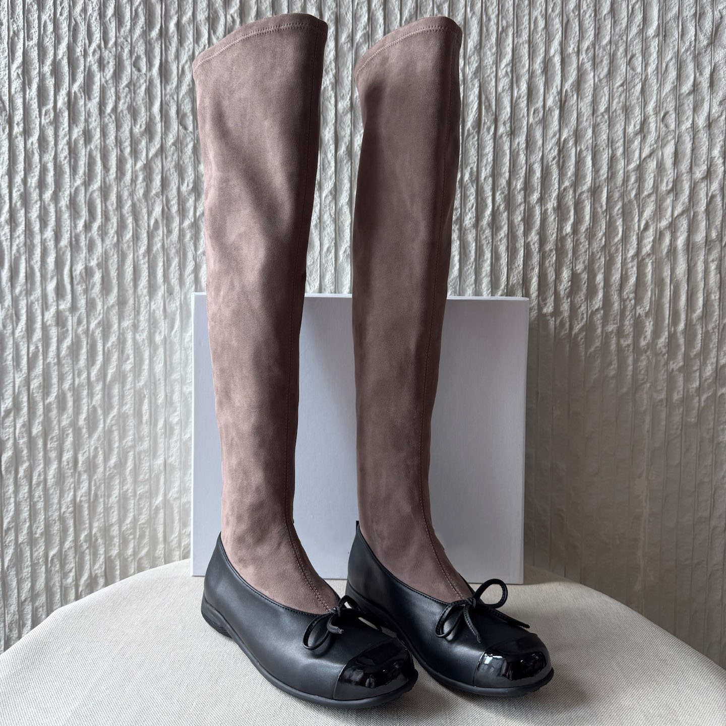 Women Almond Toe Over The Knee Ballet Boots Stretch Suede Bow Flat Tall Boots For Autumn Winter Elegant Dating Street Outfit