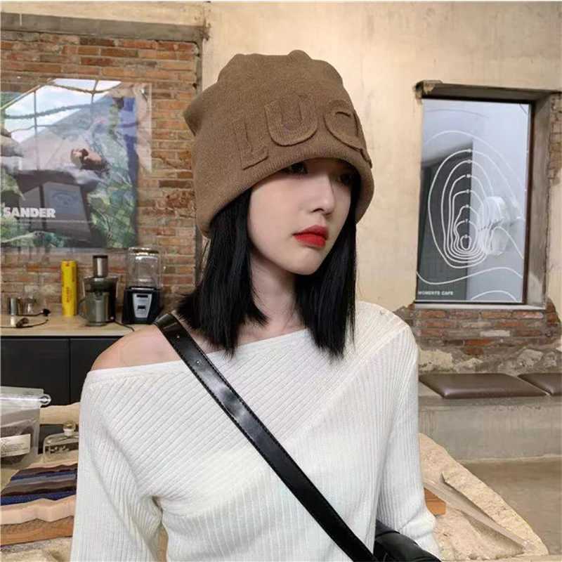 Beanie/Skull Caps Solid Color Letter Slouchy Hat Women Autumn Winter Warm Knitted Cap Female Lady Korean Hip Hop Loose Beanie HatsT261017