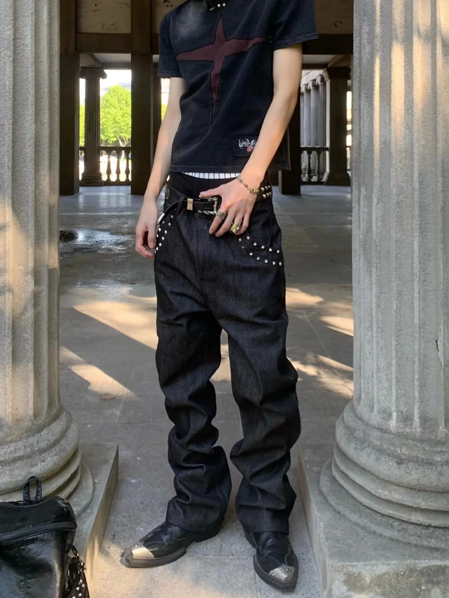 American Punk Style Bell Bottom Jeans Loose Fit Rivet Decoration Streetwear Vintage Subculture Straight Leg Long Trousers 261016