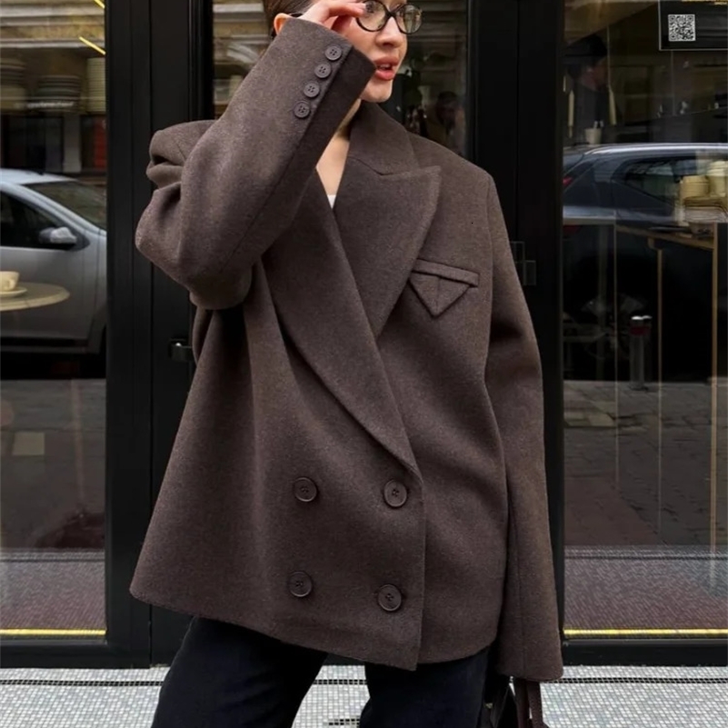 Autumn Cropped Wool Jacket Fashion Oversized Lapel Double Faced Coat Women's Casual Street Style Blazer 261016