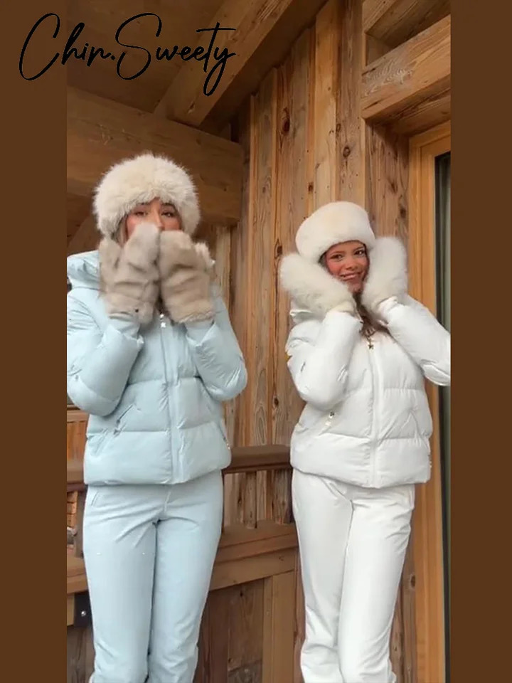 Solid Womens Ski Coat Trouser Suits Hooded Thicken Zippers Slim Warm Lady Set 2026 Winter Chic 2 Pieces Set Women Skiwear 261016