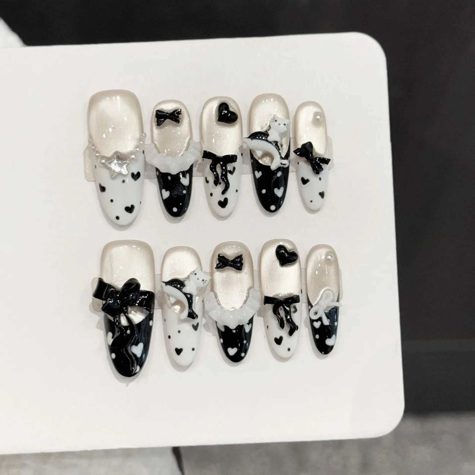 False Nails 10pcs Pure Hand Pressed Long Oval Nail Art Nice Fake Nail Black And White Cat's Eye With Cat Bow Love Polka Dots Ideal For Women Q2