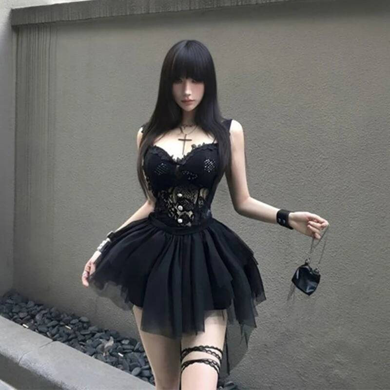 MEXZT Y2K Black 2 Piece Set Women Outfits Sexy Crop Lace Tank Tops Irregular Tulle Mini Skirt Summer Gyaru Gothic Slim Clothes