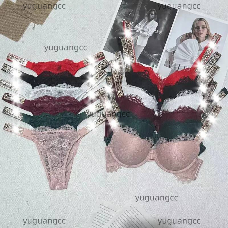 Trendy Victorialys secretlys Bras Set Womens Underwear 2 Pcs Suits Brand Sexy Adjustable Sparkling Diamond Straps Underwire Bikini Thong T back Bra