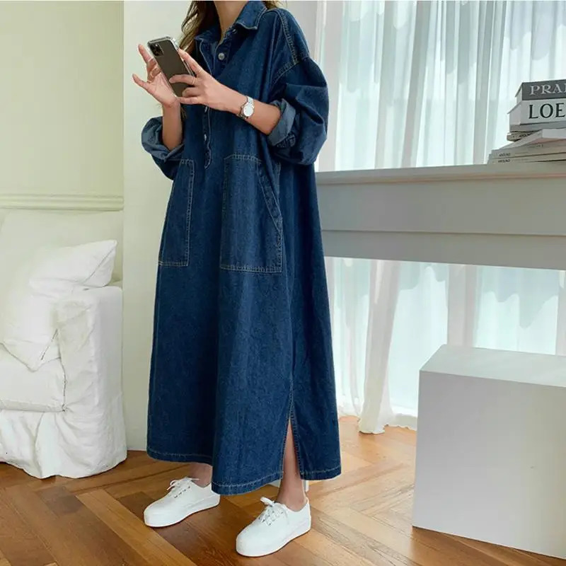 Korean Style Fashion Women's Dark Blue Solid Color Spliced Long Sleeve Turn-down Collar Loose Ankle Length Jean Dress 261015