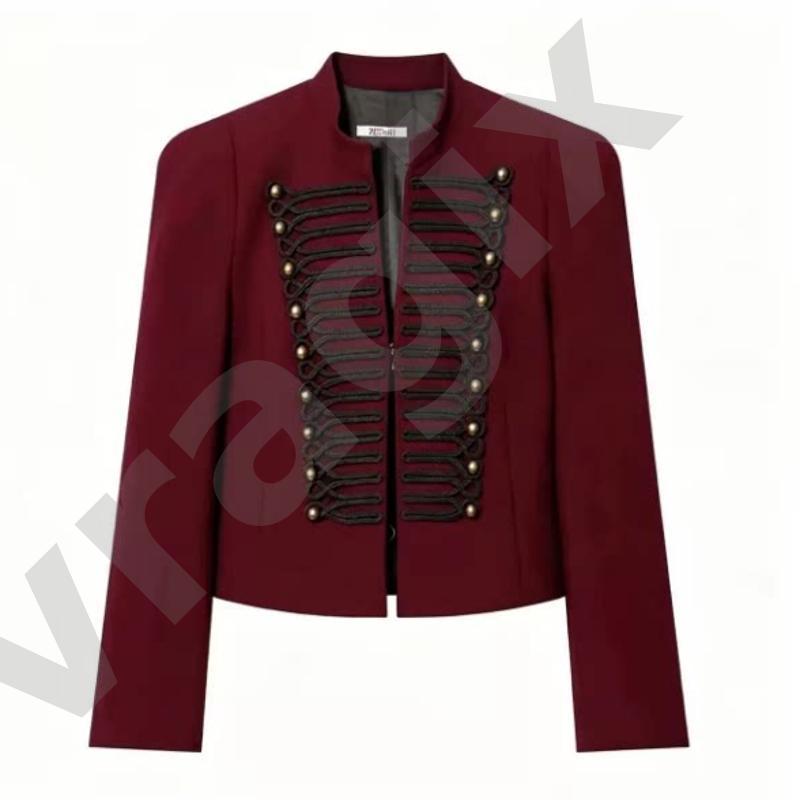 Veste d'extérieur à manches longues pour femme, blanc crème, col montant, ouvert sur le devant, cordon tressé multi-rangées et boule en métal dor