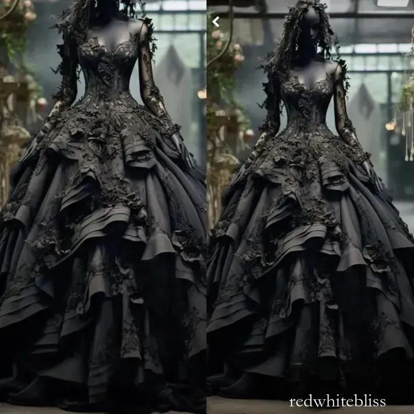 Vintage Gothic Black Lace A Line Wedding Dresses with 3D Florals Long Sleeves Plus Size Bridal Gowns robe de soiree