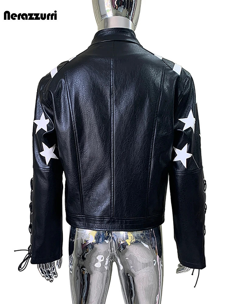 Nerazzurri Autumn White Five-pointed Star Patchwork Black Pu Leather Racing Jacket Men Zipper y Lace Up Menswear Clothing 261013